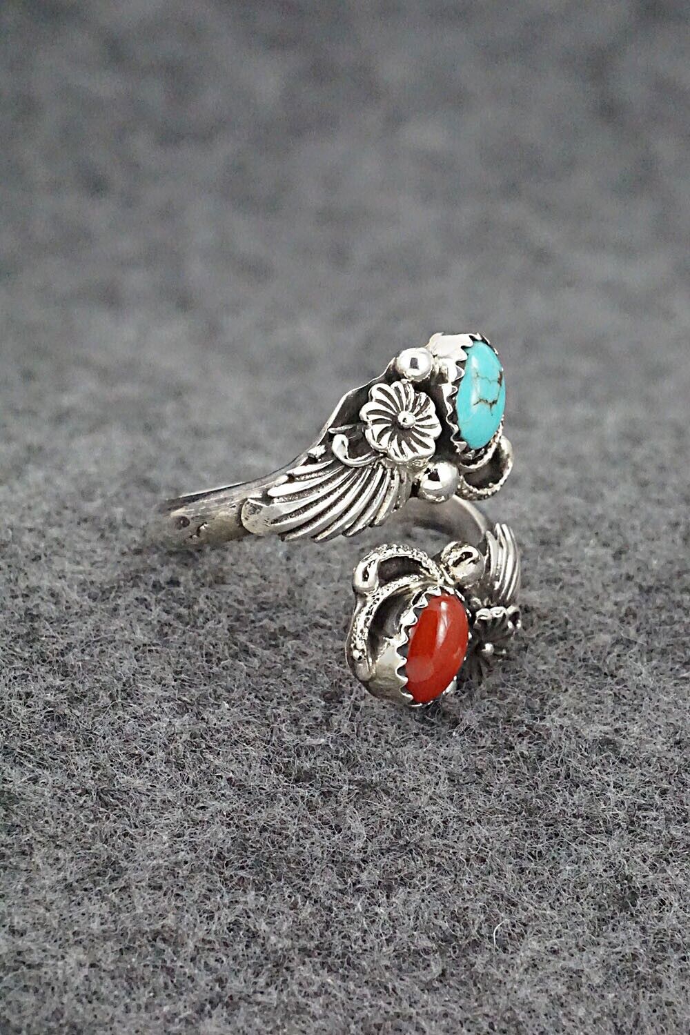 Turquoise, Coral & Sterling Silver Ring - Etta Belin - Size 9