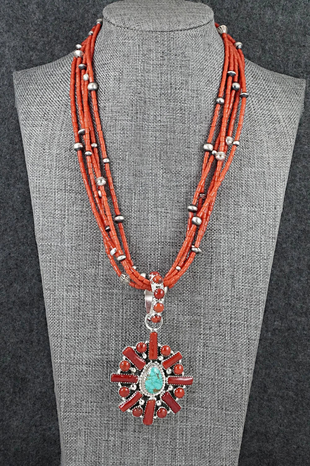 Coral, Turquoise & Sterling Silver Necklace