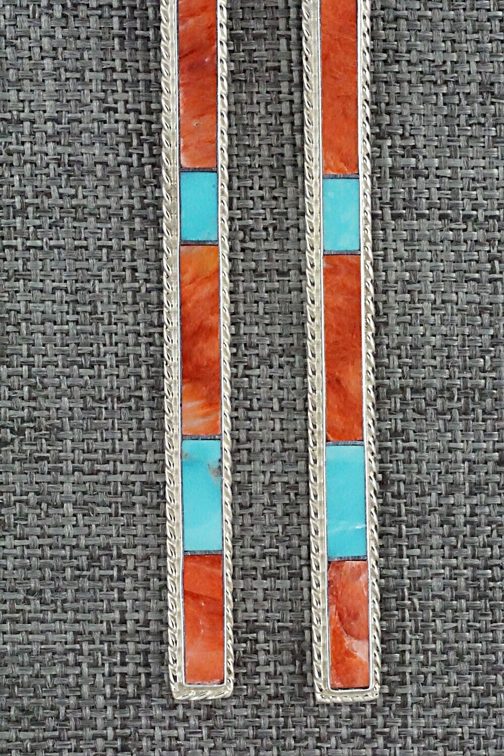 Turquoise, Spiny Oyster & Sterling Silver Inlay Earrings - Ricky Booqua