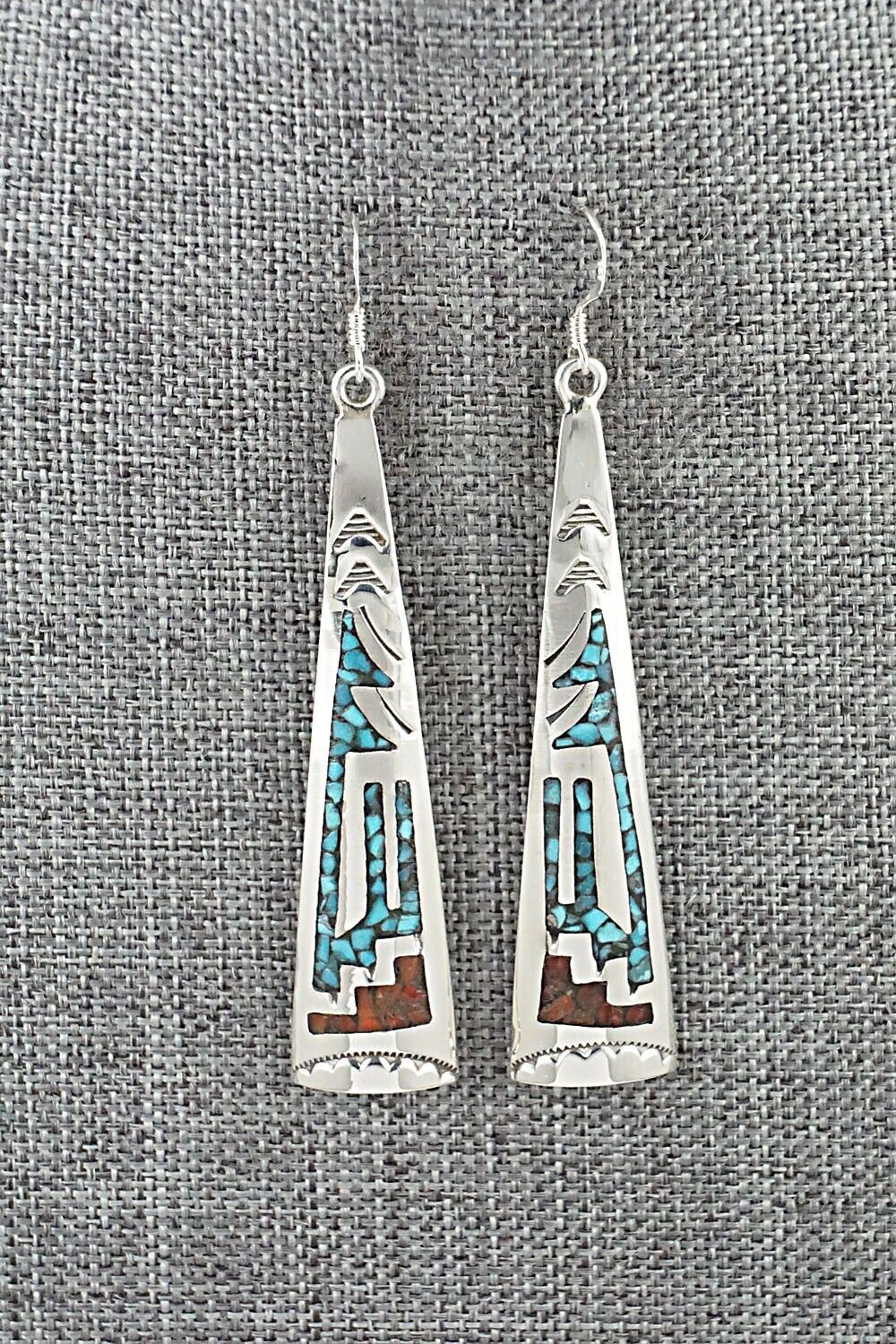Turquoise, Coral & Sterling Silver Earrings - Jolene Yazzie