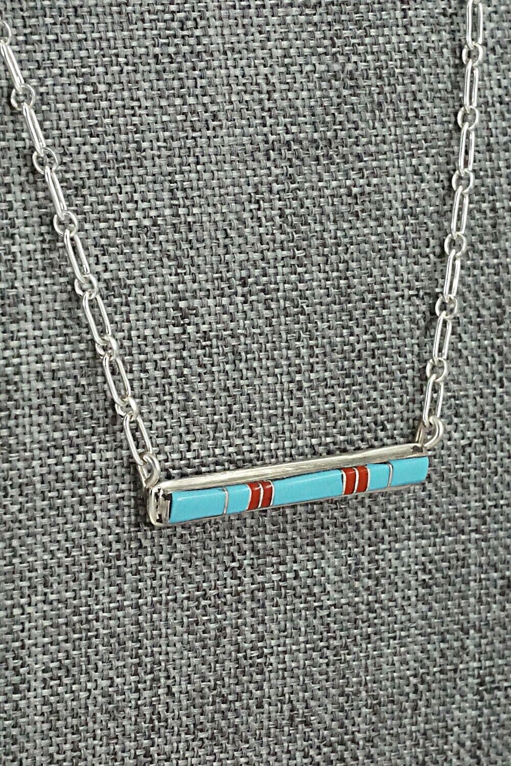 Turquoise, Coral & Sterling Silver Inlay Necklace - Roland Natachu