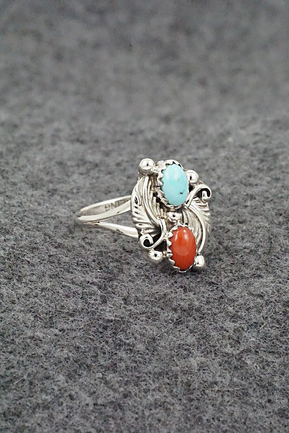 Turquoise, Coral & Sterling Silver Ring - Harris Largo - Size 6.75