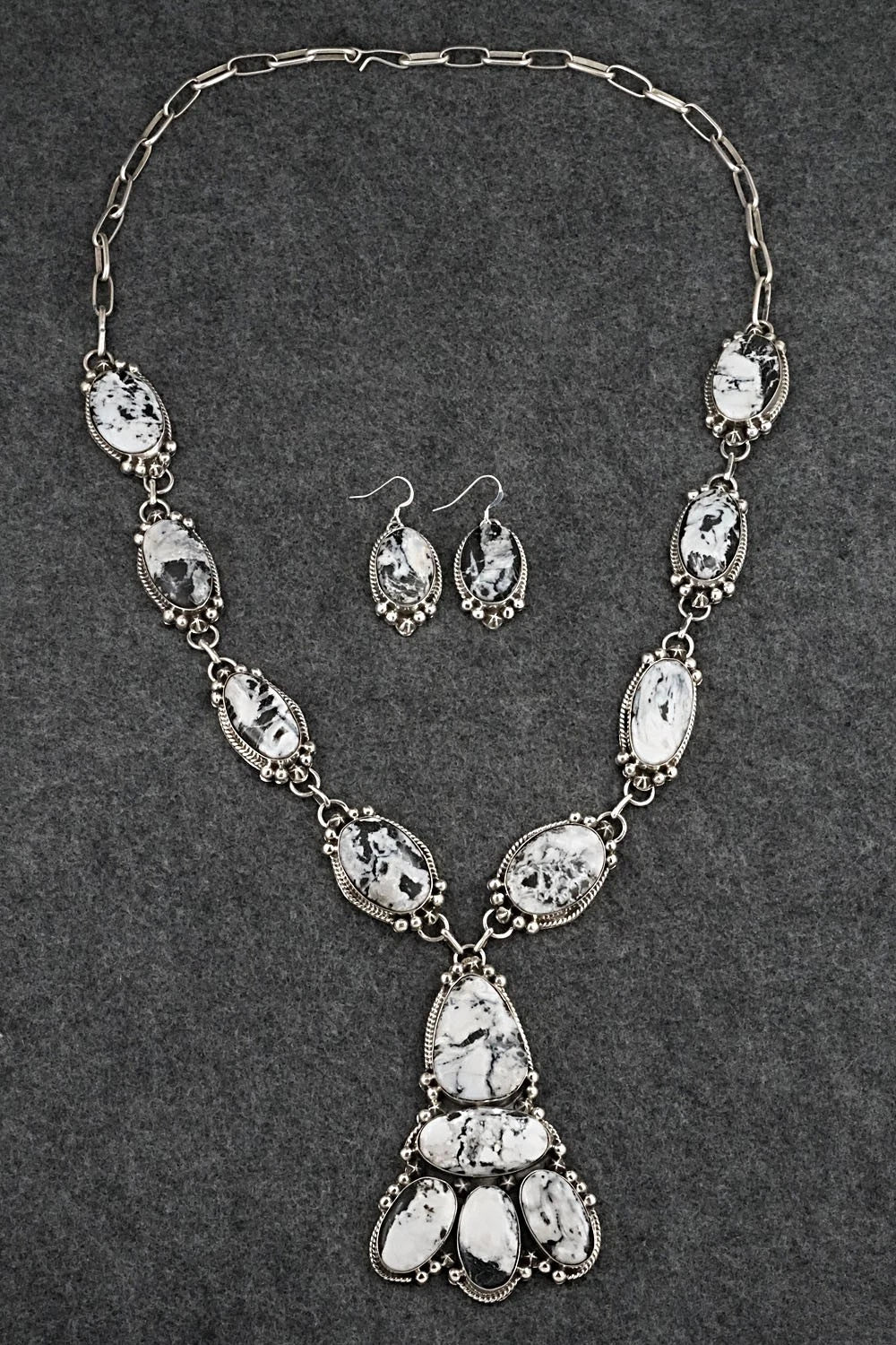 White Buffalo & Sterling Silver Necklace and Earrings Set - Vernon Johnson