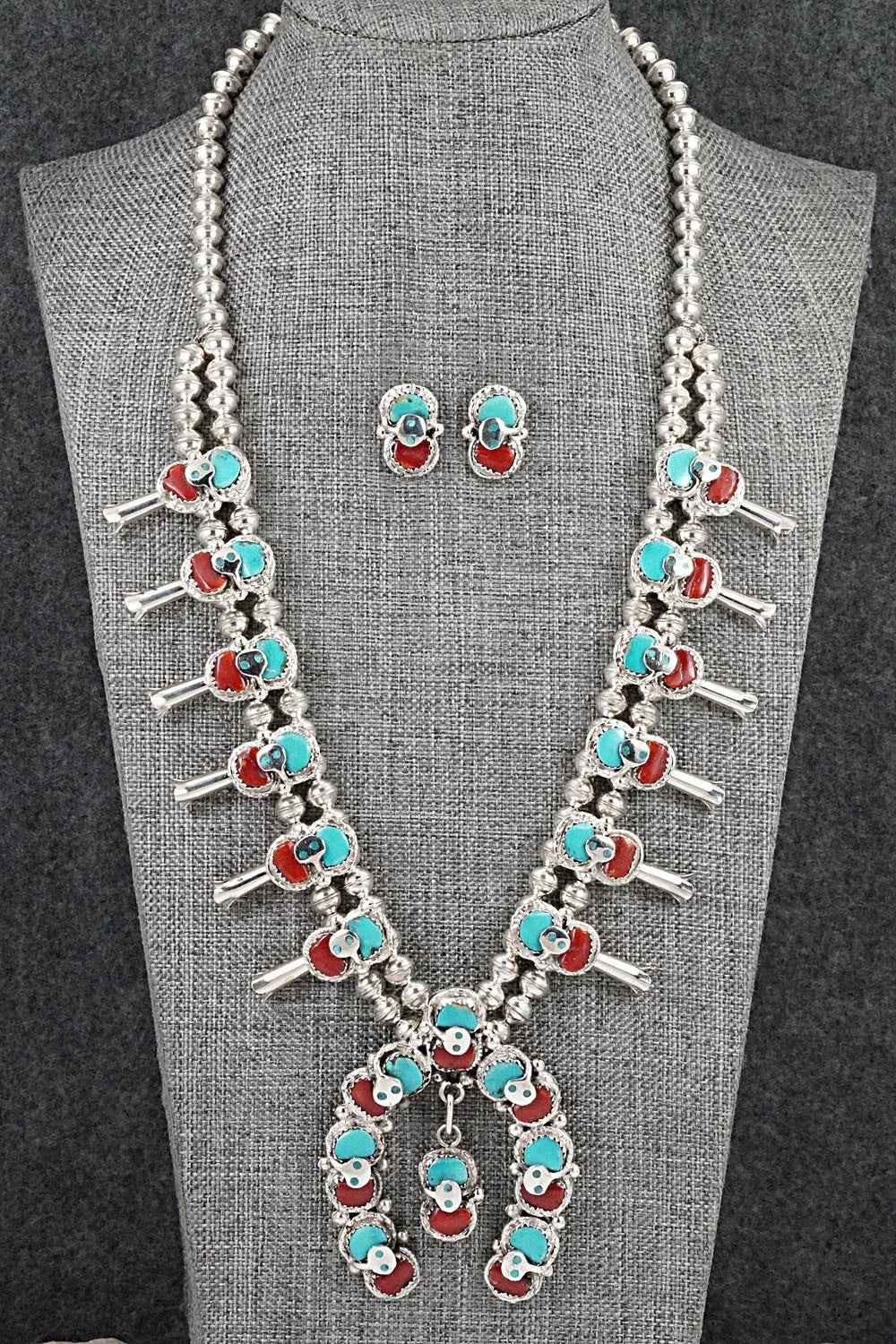 Turquoise, Coral & Sterling Silver Squash Blossom Set - Gayle Calavaza