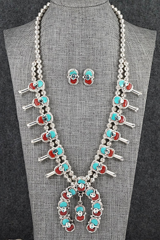 Turquoise, Coral & Sterling Silver Squash Blossom Set - Gayle Calavaza