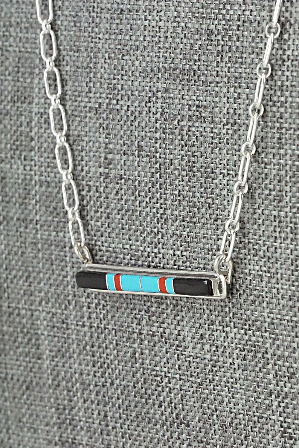 Turquoise, Coral, Onyx & Sterling Silver Inlay Necklace - Roland Natachu
