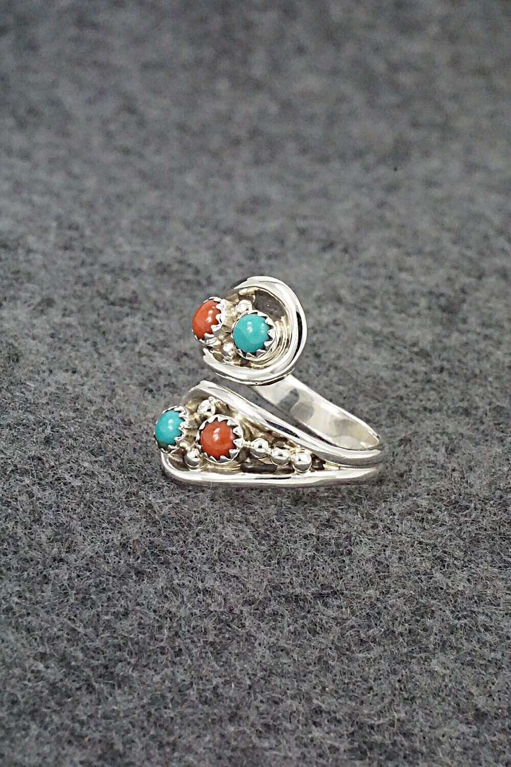 Turquoise, Coral & Sterling Silver Ring - Genevieve Francisco - Size 8.5