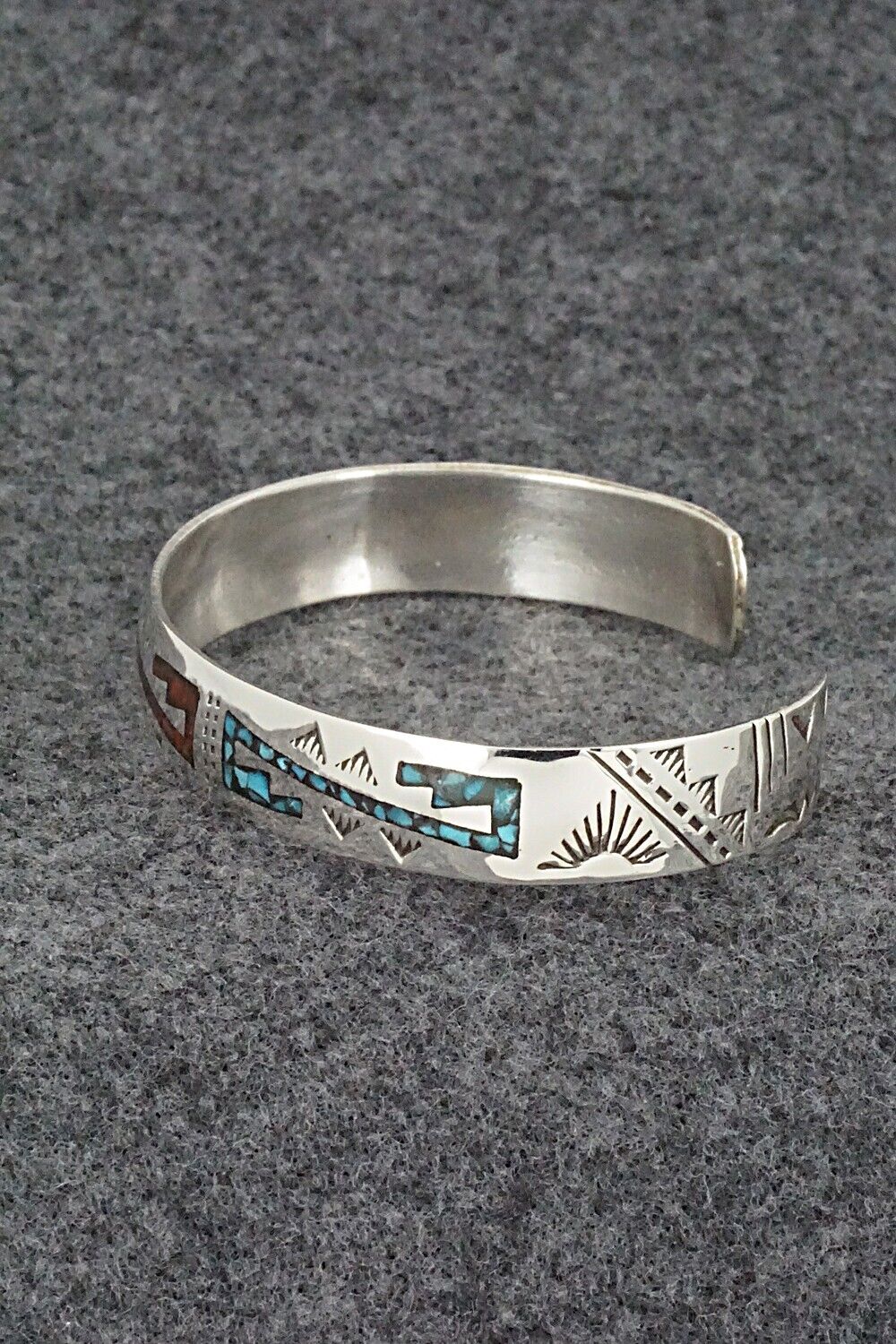 Turquoise, Coral Chip Inlay & Sterling Silver Bracelet - Joleen Yazzie
