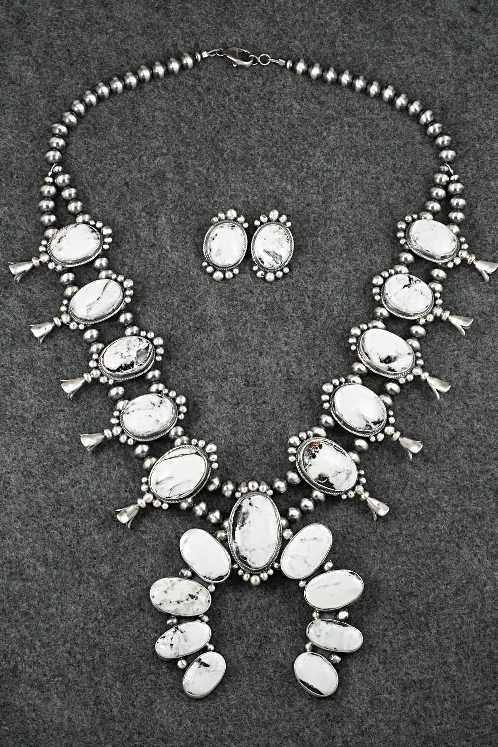White Buffalo & Sterling Silver Squash Blossom Set - Darrin Livingston