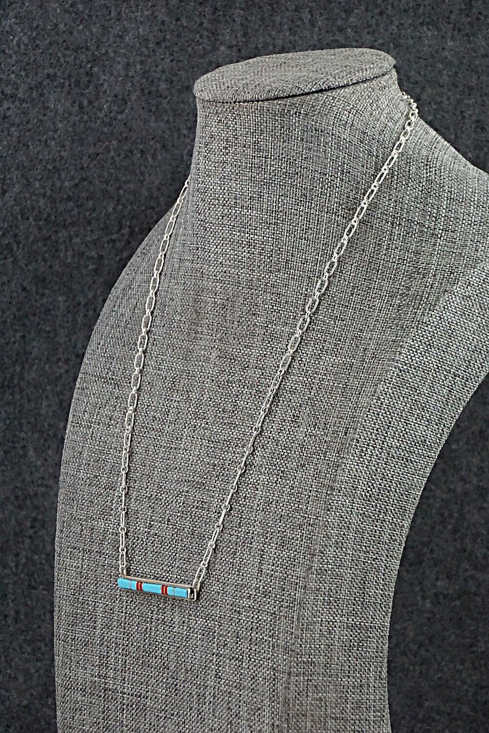 Turquoise, Coral & Sterling Silver Inlay Necklace - Roland Natachu