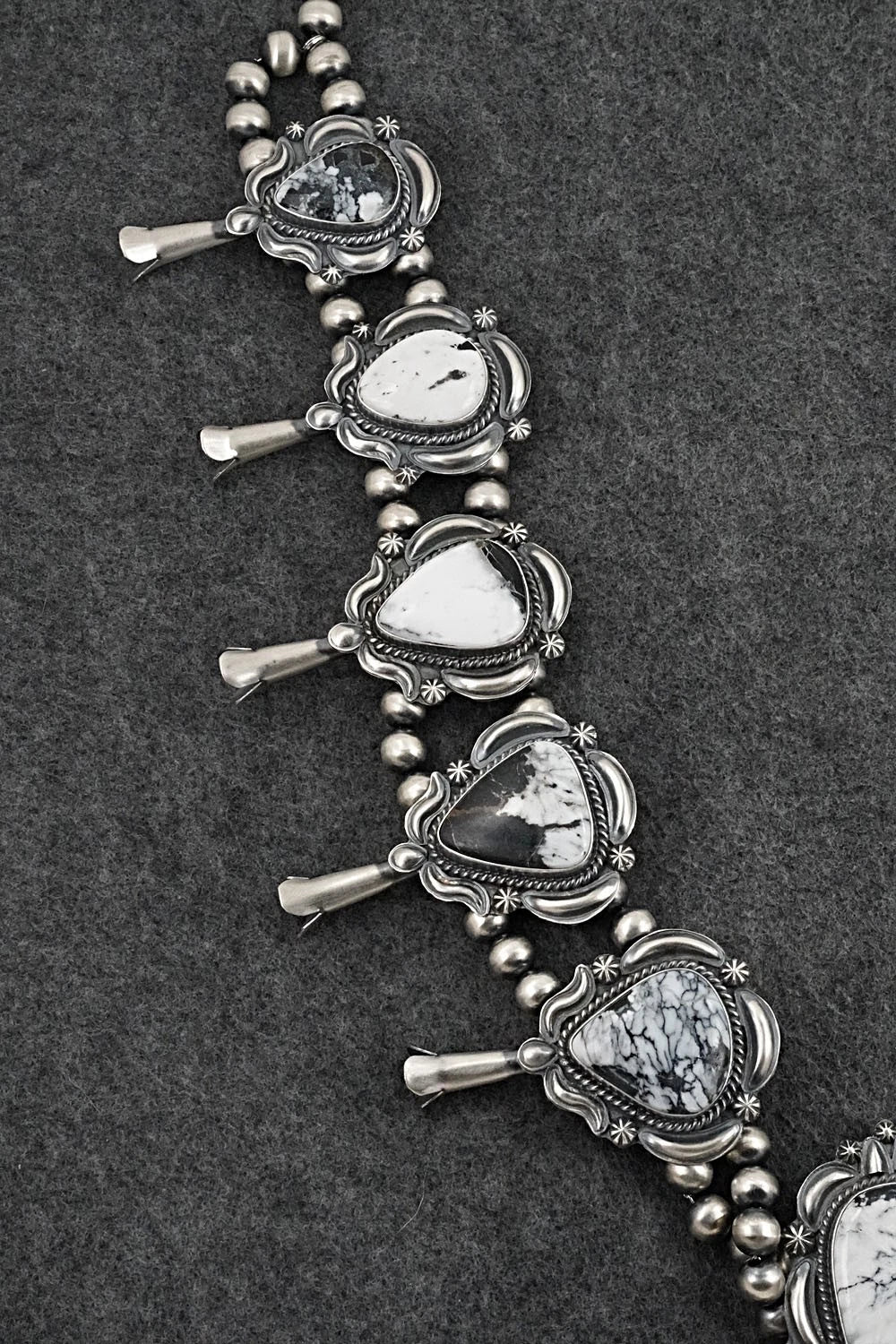 White Buffalo & Sterling Silver Squash Blossom Set - Raymond Delgarito