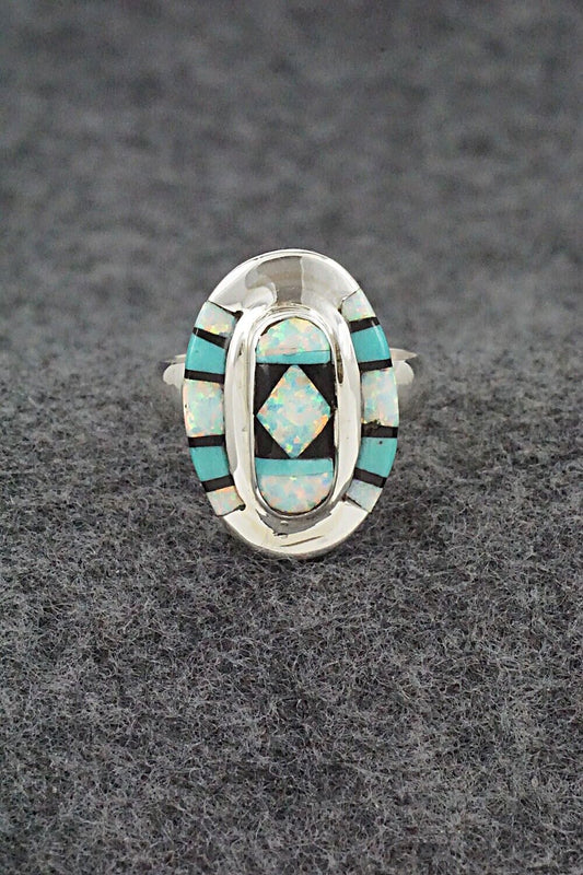 Turquoise, Onyx, Opalite & Sterling Silver Ring - Ophelia Panteah - Sz. 8