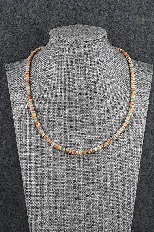 Turquoise, Spiny Oyster & Sterling Silver Necklace 17" - Doreen Jake
