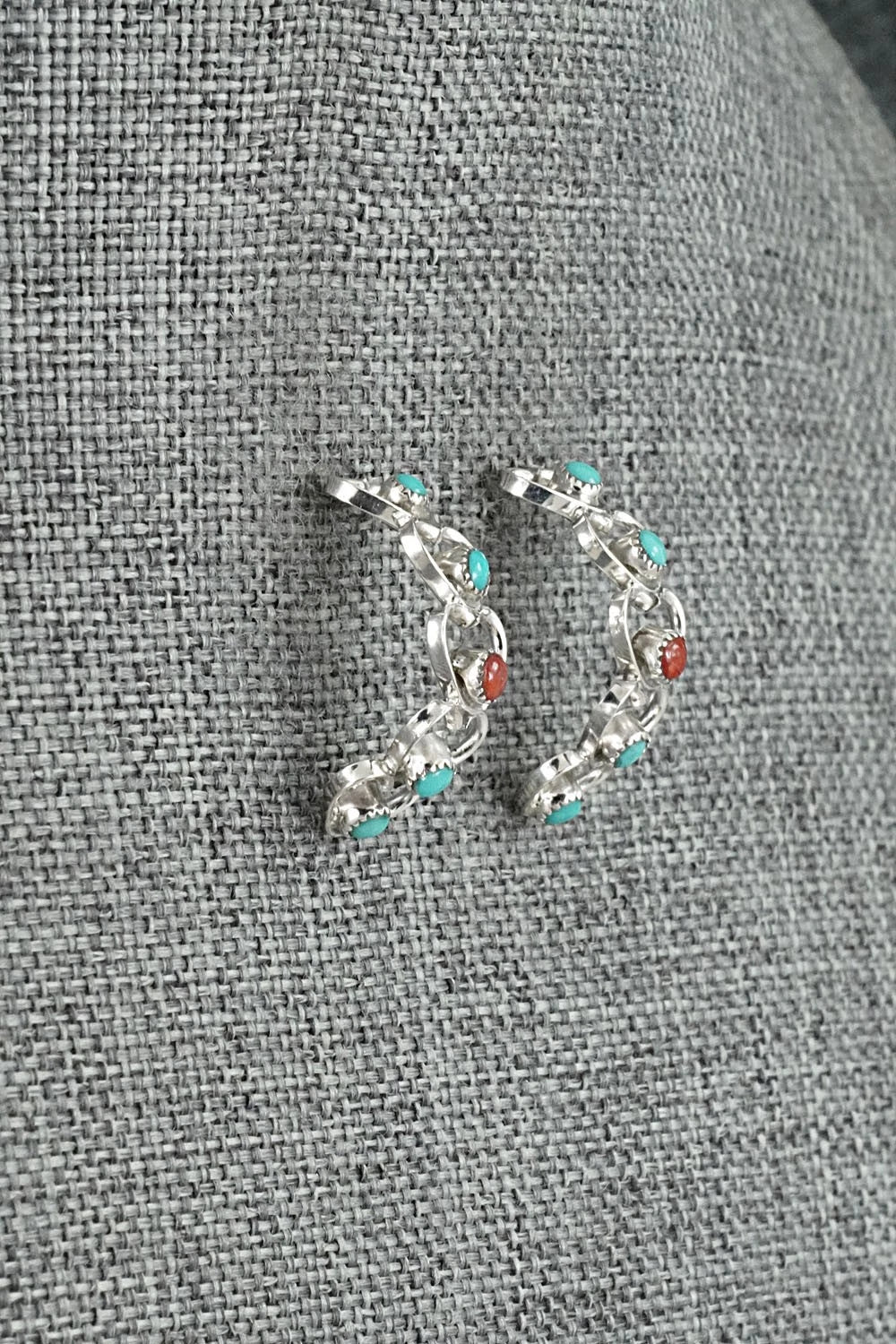 Turquoise, Coral & Sterling Silver Earrings - Hazel Pablito