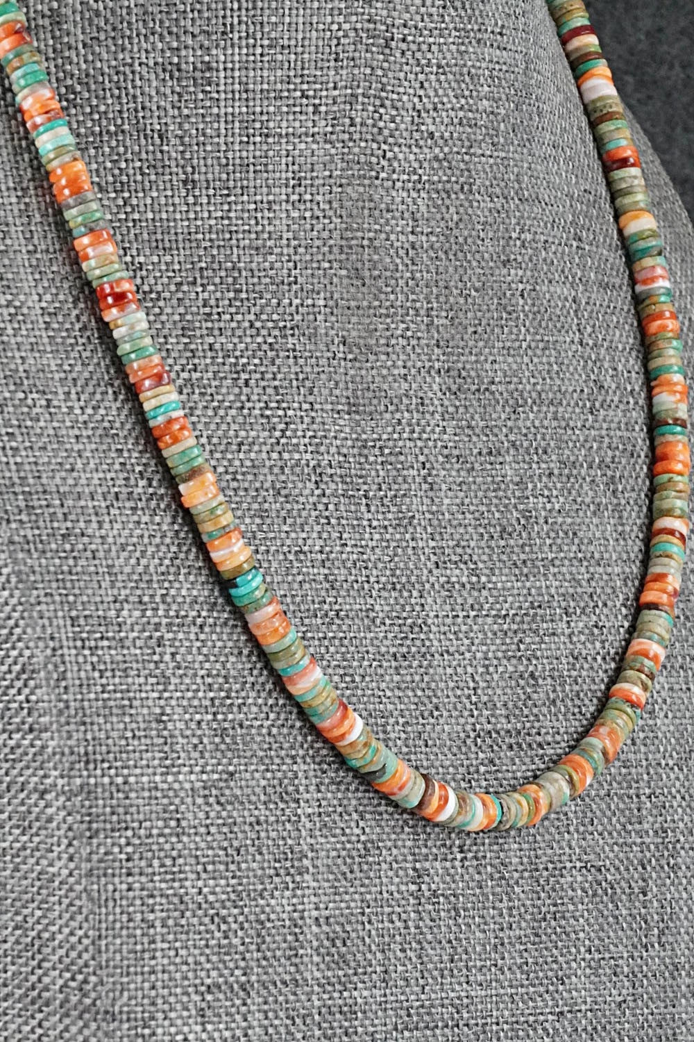 Turquoise, Spiny Oyster & Sterling Silver Necklace 17" - Doreen Jake
