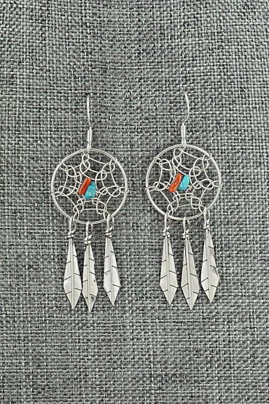 Turquoise, Coral & Sterling Silver Earrings - Lorenzo Arviso Jr.