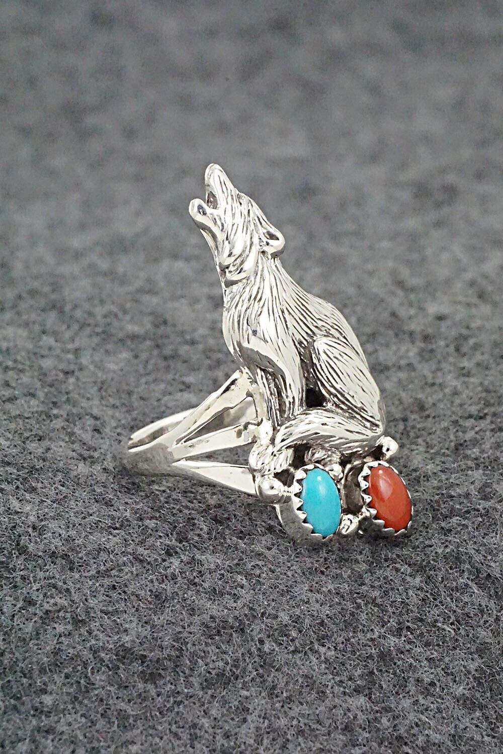 Turquoise, Coral & Sterling Silver Ring - Jerryson Henio - Size 8.5