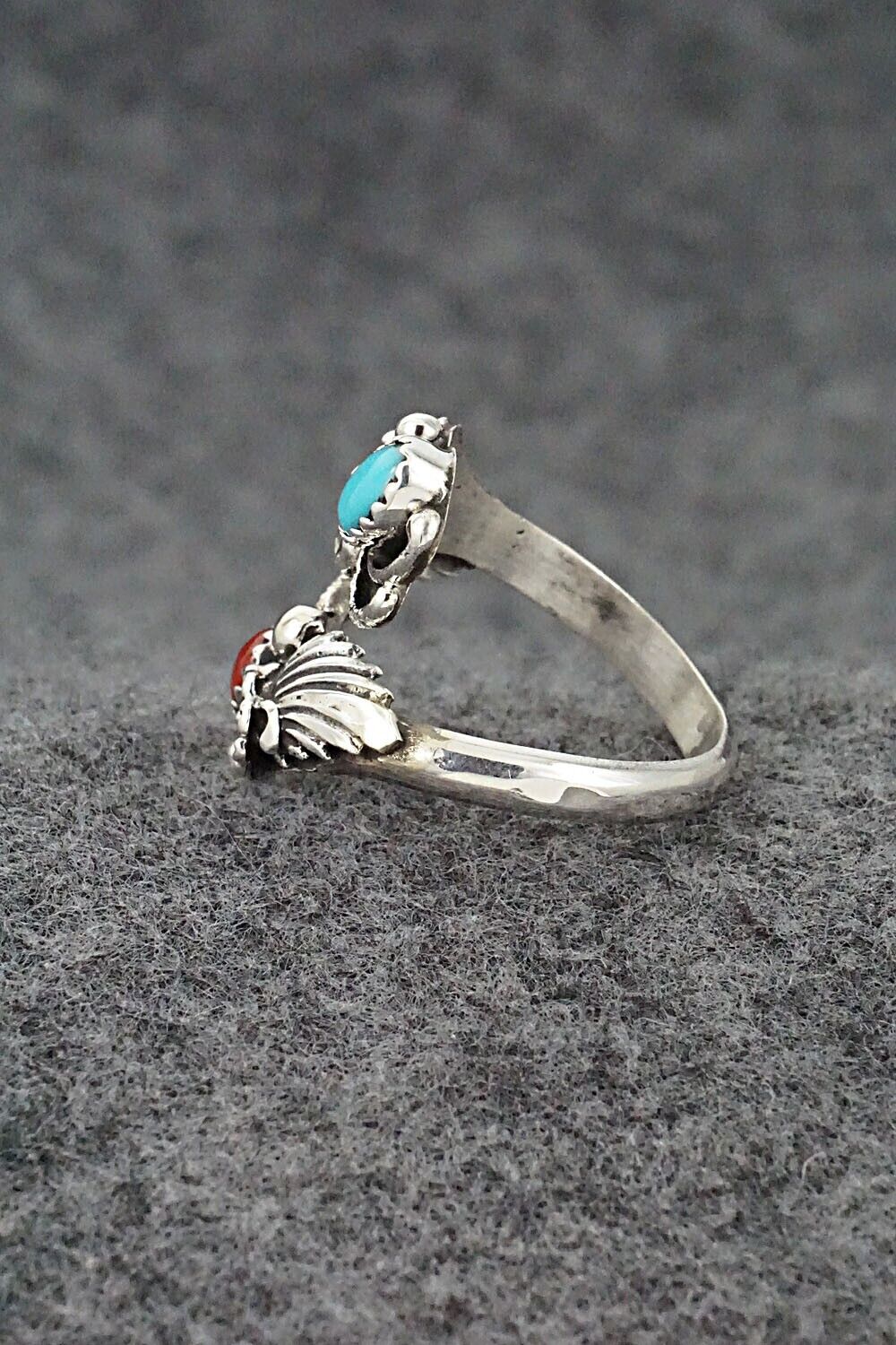 Turquoise, Coral & Sterling Silver Ring - Etta Belin - Size 8