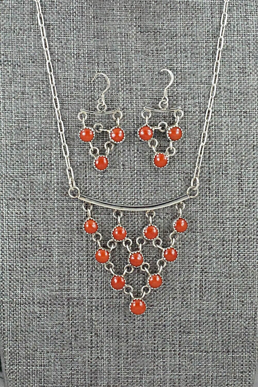 Coral & Sterling Silver Necklace and Earrings Set - Anthony Skeets