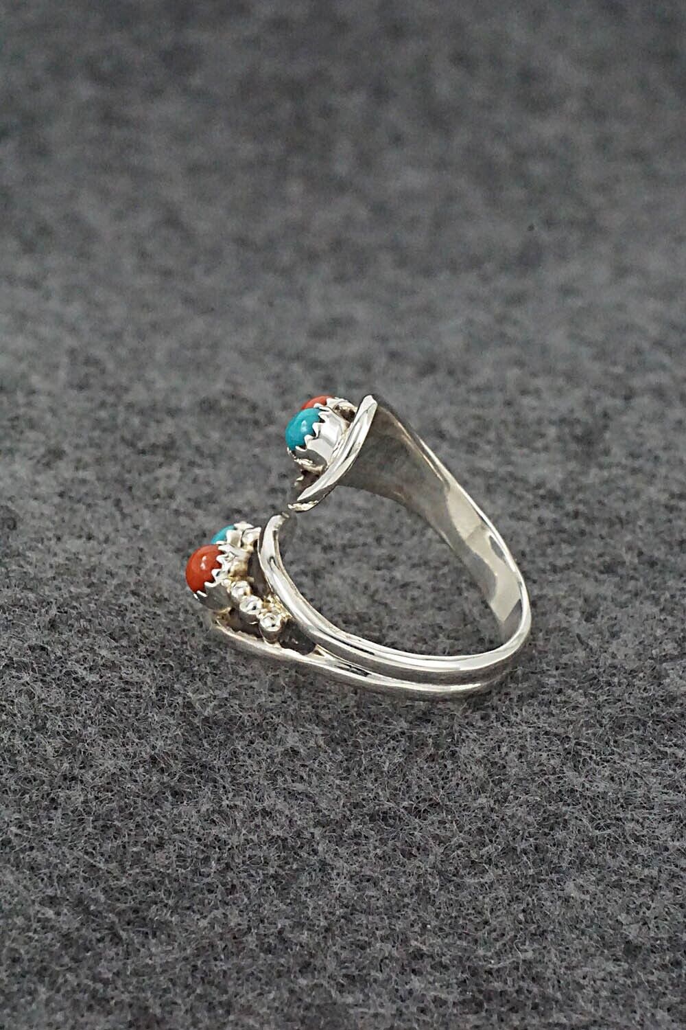 Turquoise, Coral & Sterling Silver Ring - Genevieve Francisco - Size 9