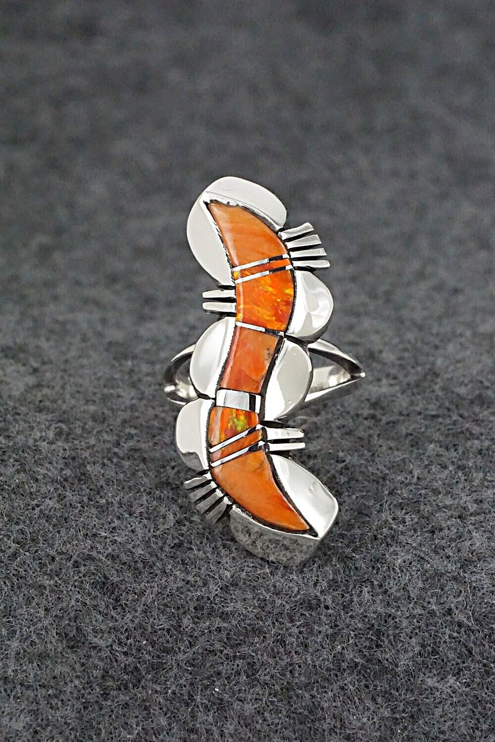 Spiny Oyster, Opalite & Sterling Silver Inlay Ring - James Manygoats - Size 6