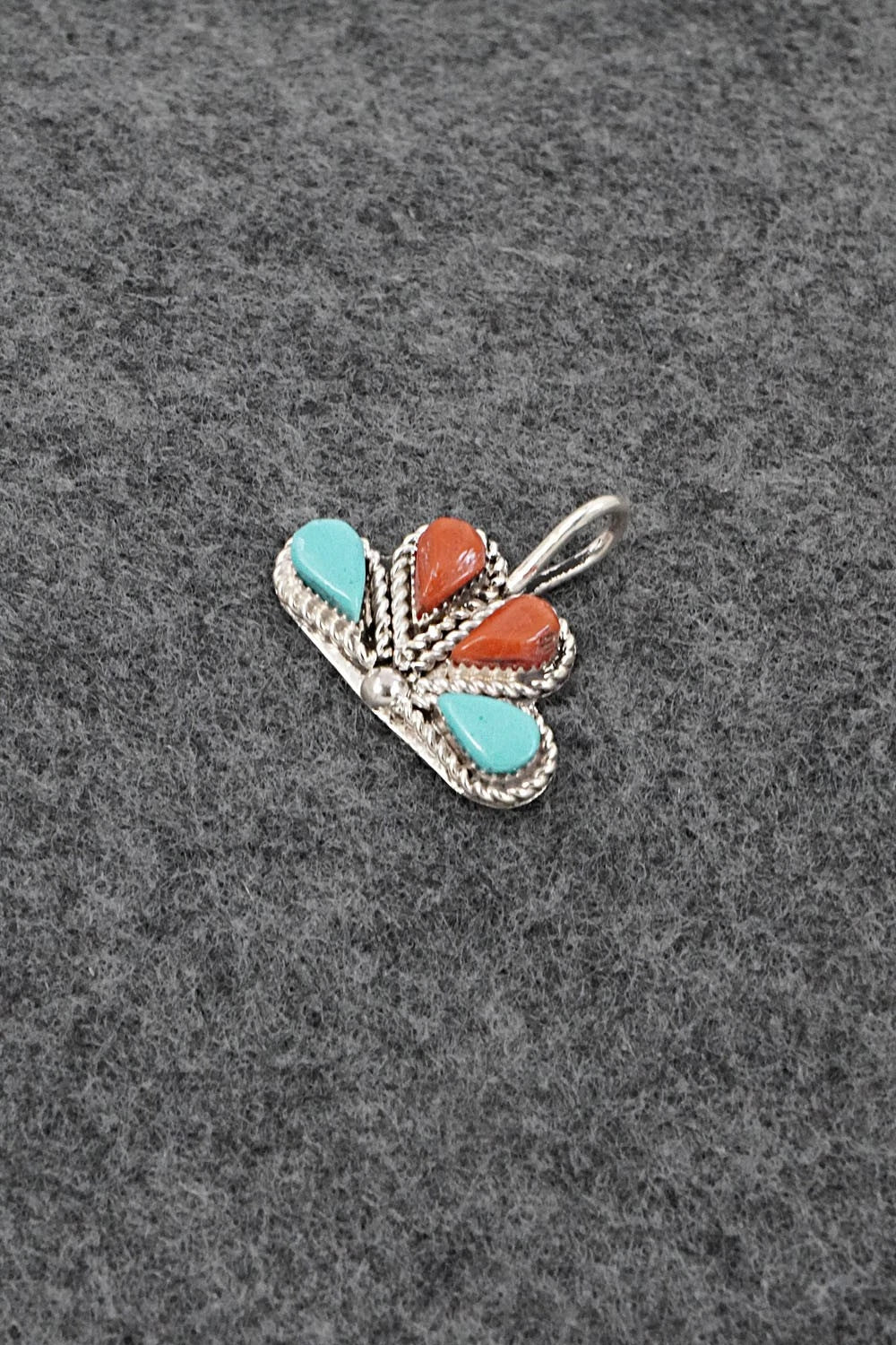 Coral, Turquoise & Sterling Silver Pendant - Huberta Lonjose