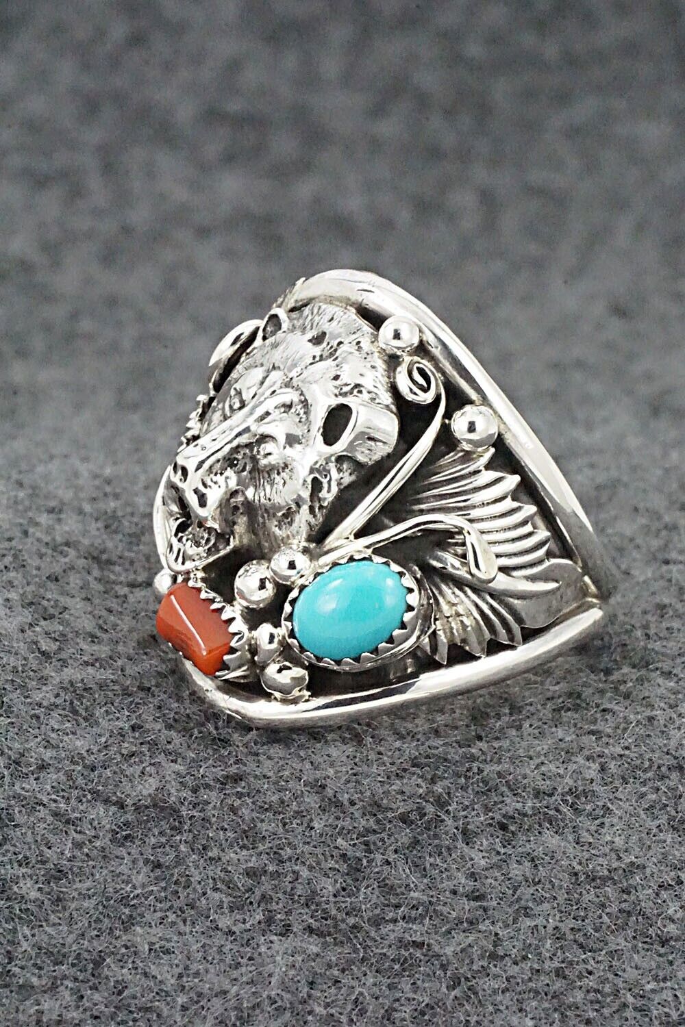 Turquoise, Coral & Sterling Silver Ring - Jeannette Saunders - Size 13.5