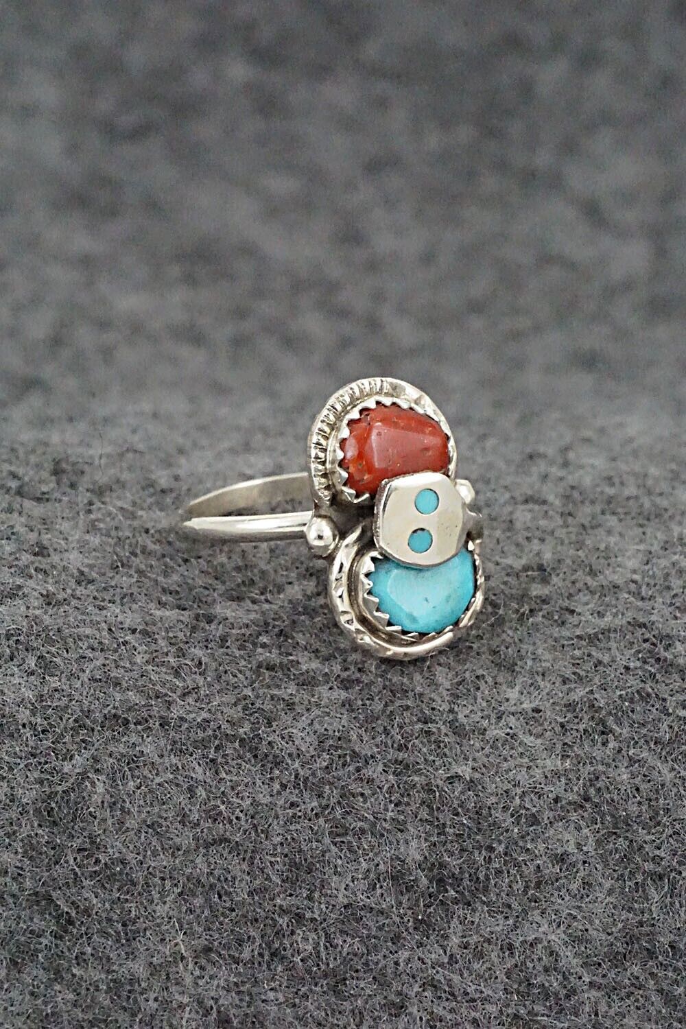 Turquoise, Coral & Sterling Silver Ring - Joy Calavaza - Size 5.75