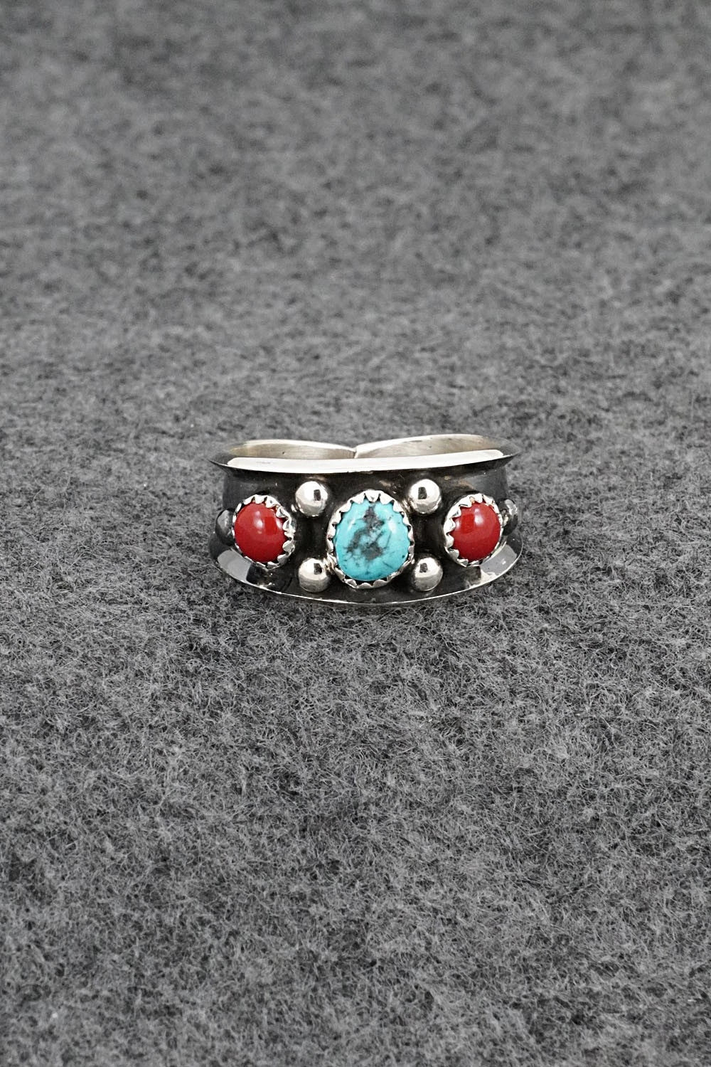 Turquoise, Coral & Sterling Silver Ring - Paul Largo - Size 11.75