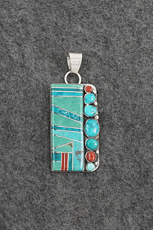 Turquoise, Coral & Sterling Silver Pendant - Darlene Noble