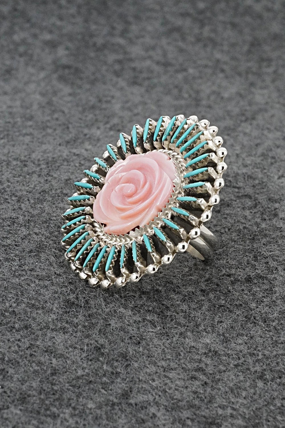 Turquoise, Pink Conch & Sterling Silver Ring - Roland Francisco - Size Adj.