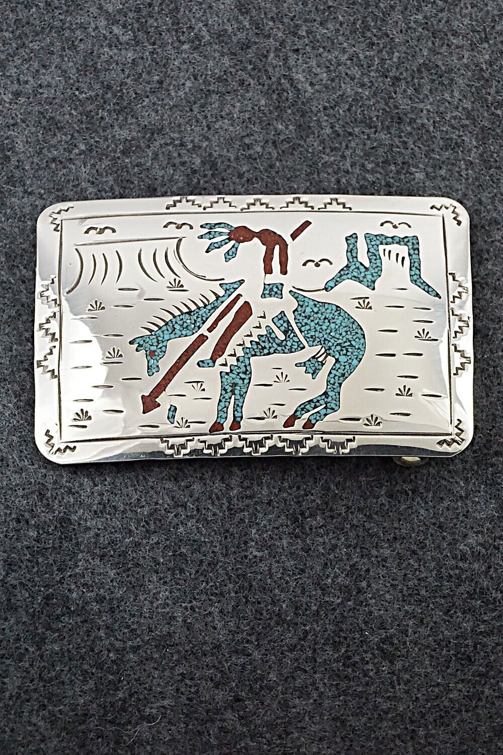 Turquoise, Coral Chip Inlay & Sterling Silver Belt Buckle - Raymond Begay