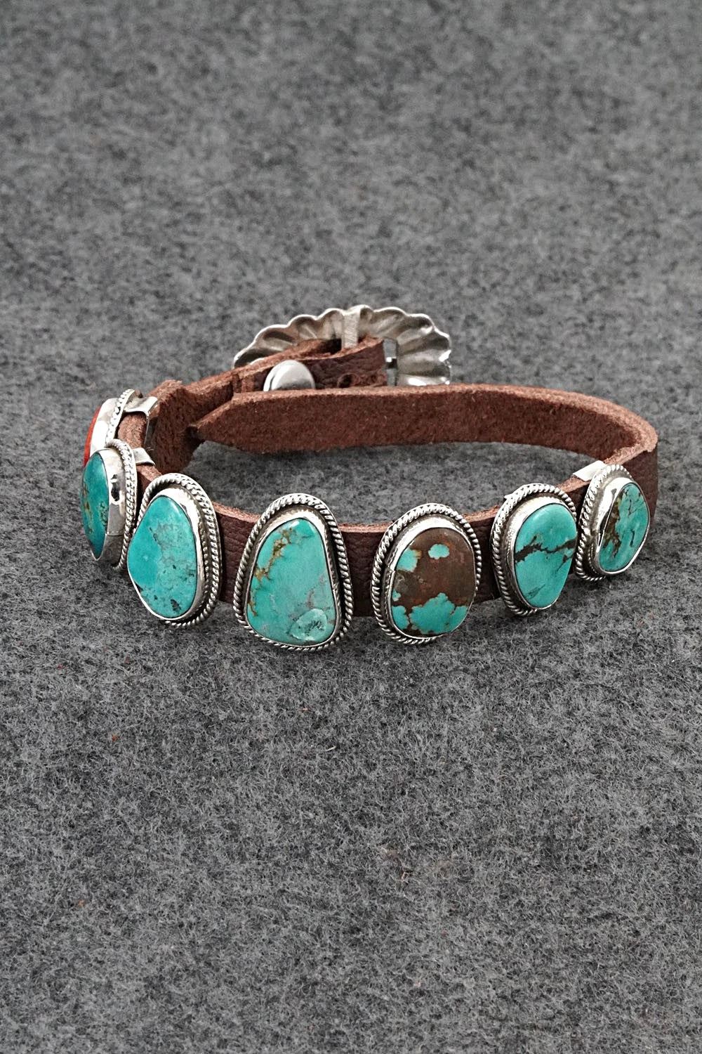 Turquoise, Spiny Oyster, Sterling Silver & Leather Bracelet - Marlene Ramone