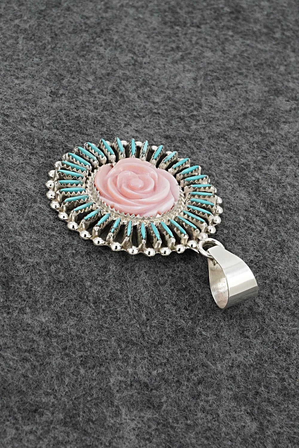 Turquoise, Pink Conch & Sterling Silver Pendant - Roland Francisco