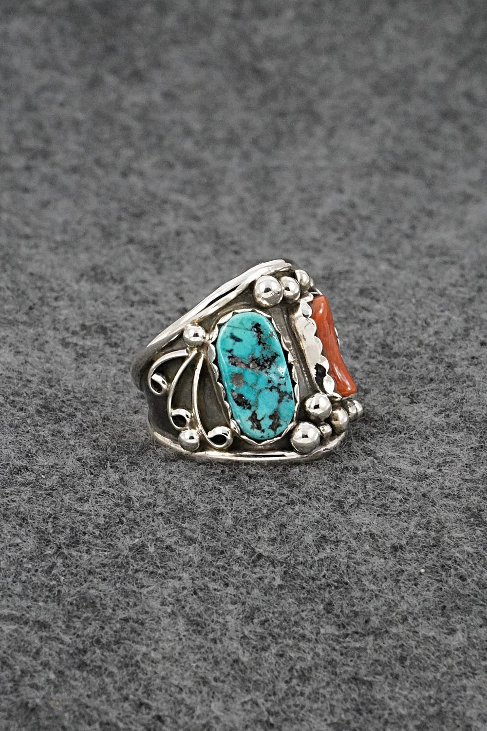 Turquoise, Coral & Sterling Silver Ring - Darrell Morgan - Size 9
