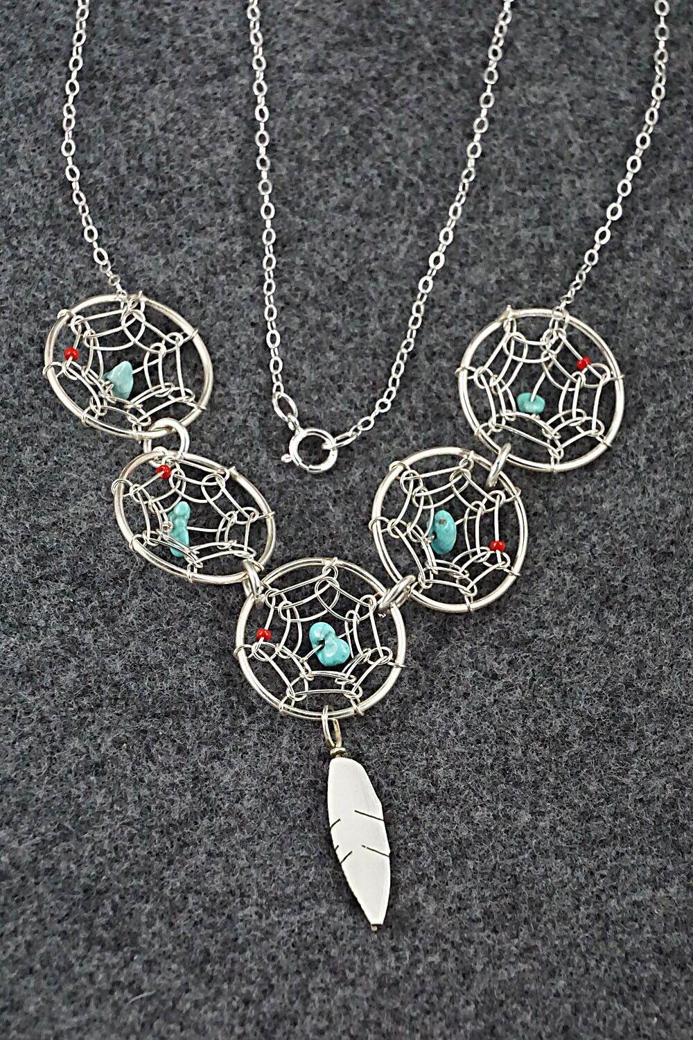 Turquoise, Coral & Sterling Silver Necklace - Lorenzo Arviso Jr.