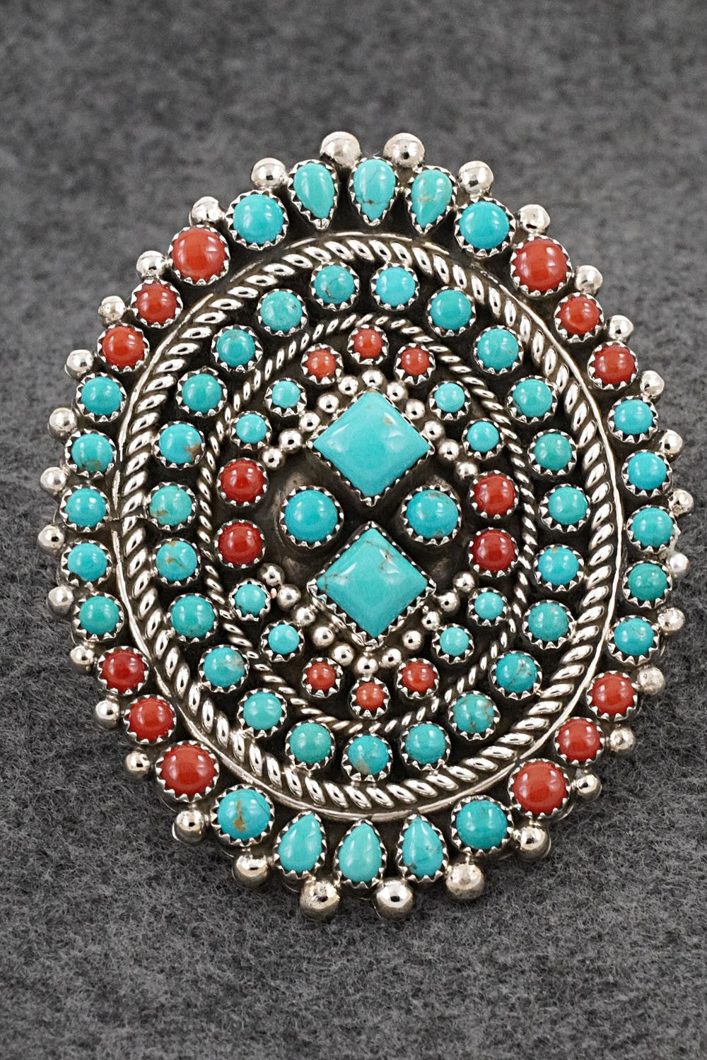 Turquoise, Coral and Sterling Silver Ring - Tina Jones - Size 8 Adj.