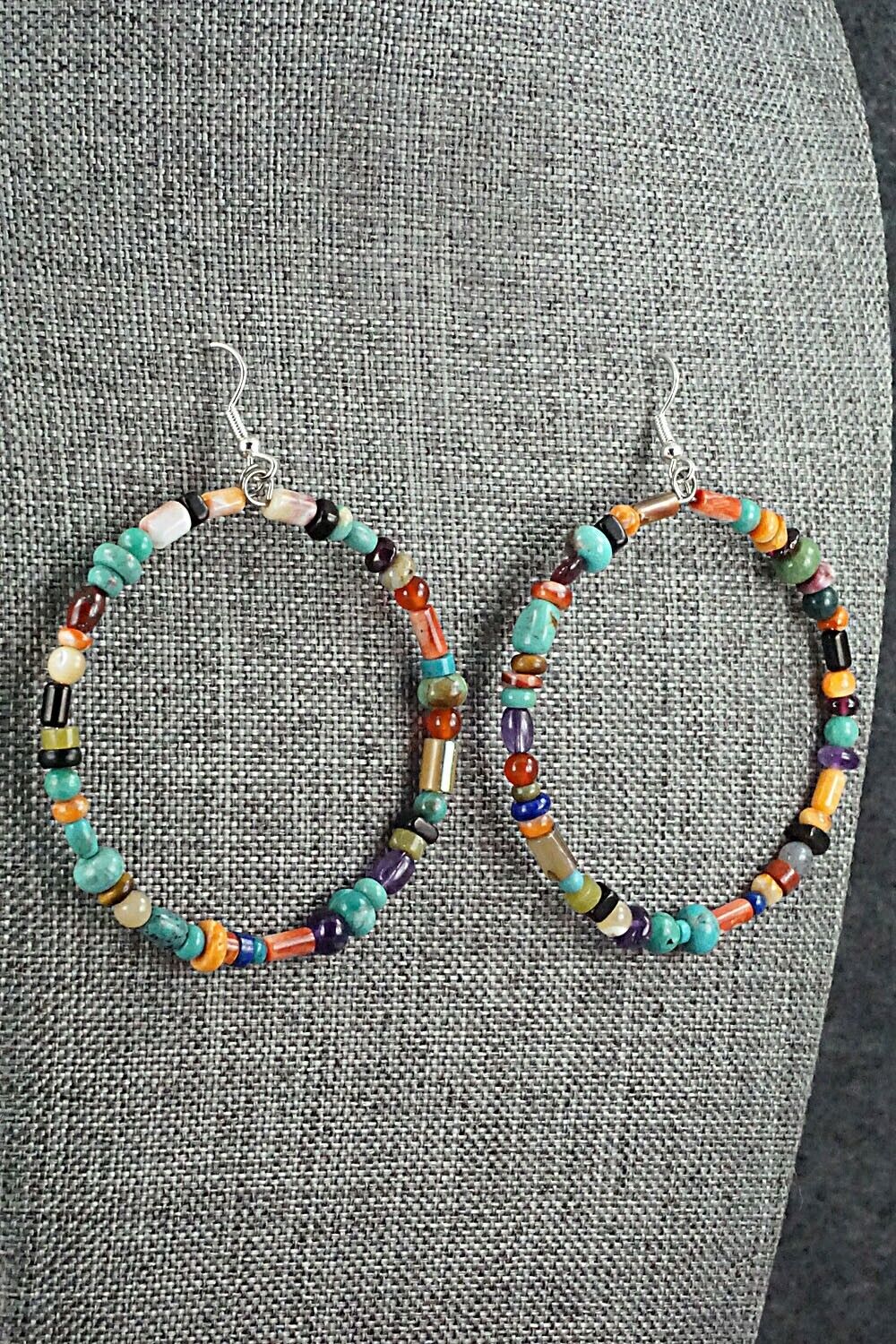 Multi Stone & Sterling Silver Hoop Earrings - Helen Tsosie