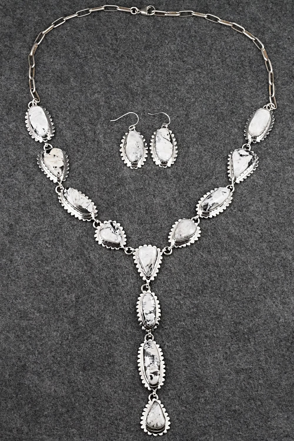White Buffalo & Sterling Silver Necklace and Earrings Set - Mark Yazzie