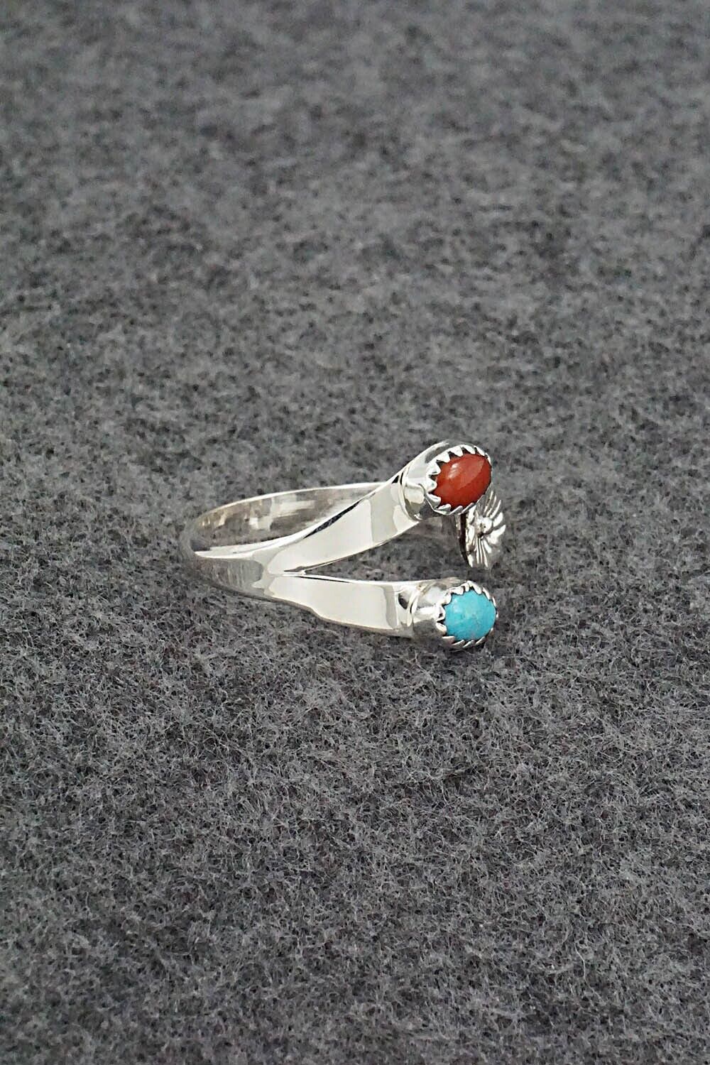 Turquoise, Coral & Sterling Silver Ring - Robert Martinez - Size 8