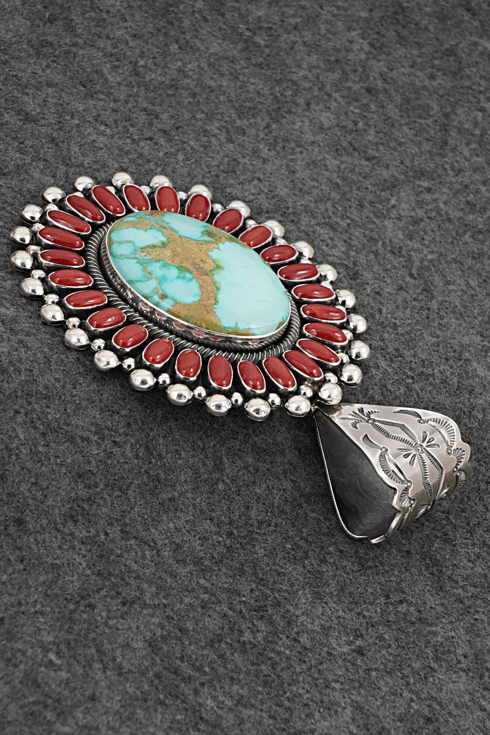 Turquoise, Coral & Sterling Silver Pendant - Ernest Begay