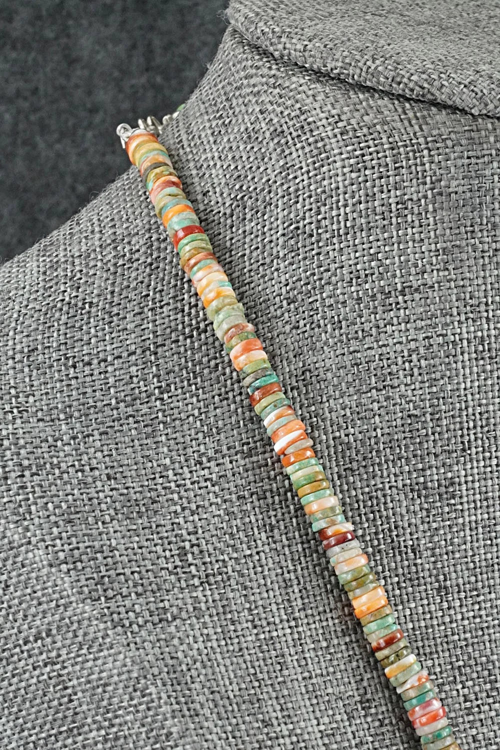 Turquoise, Spiny Oyster & Sterling Silver Necklace 17" - Doreen Jake