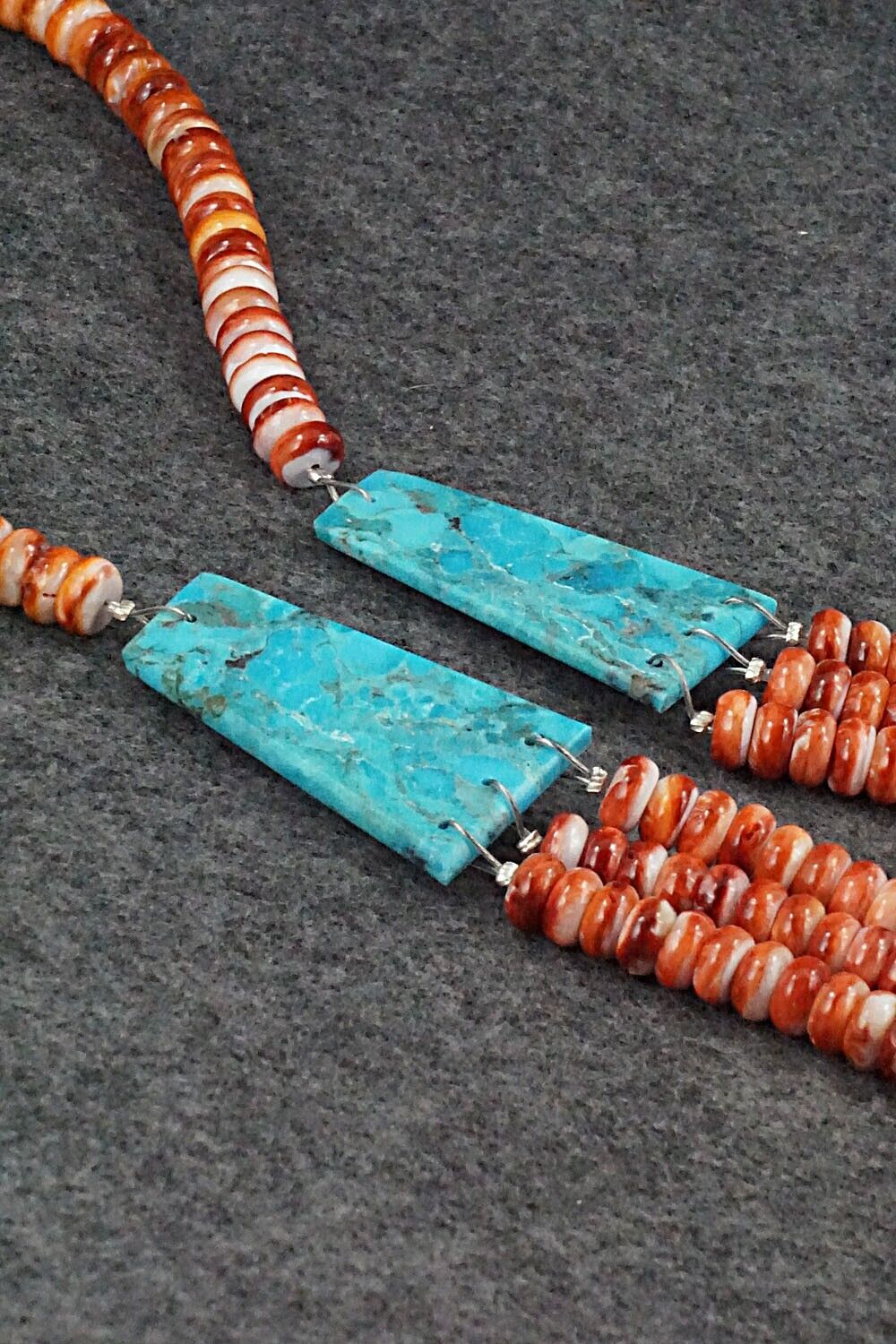 Turquoise, Spiny Oyster and Sterling Silver Necklace - Lupe Lovato
