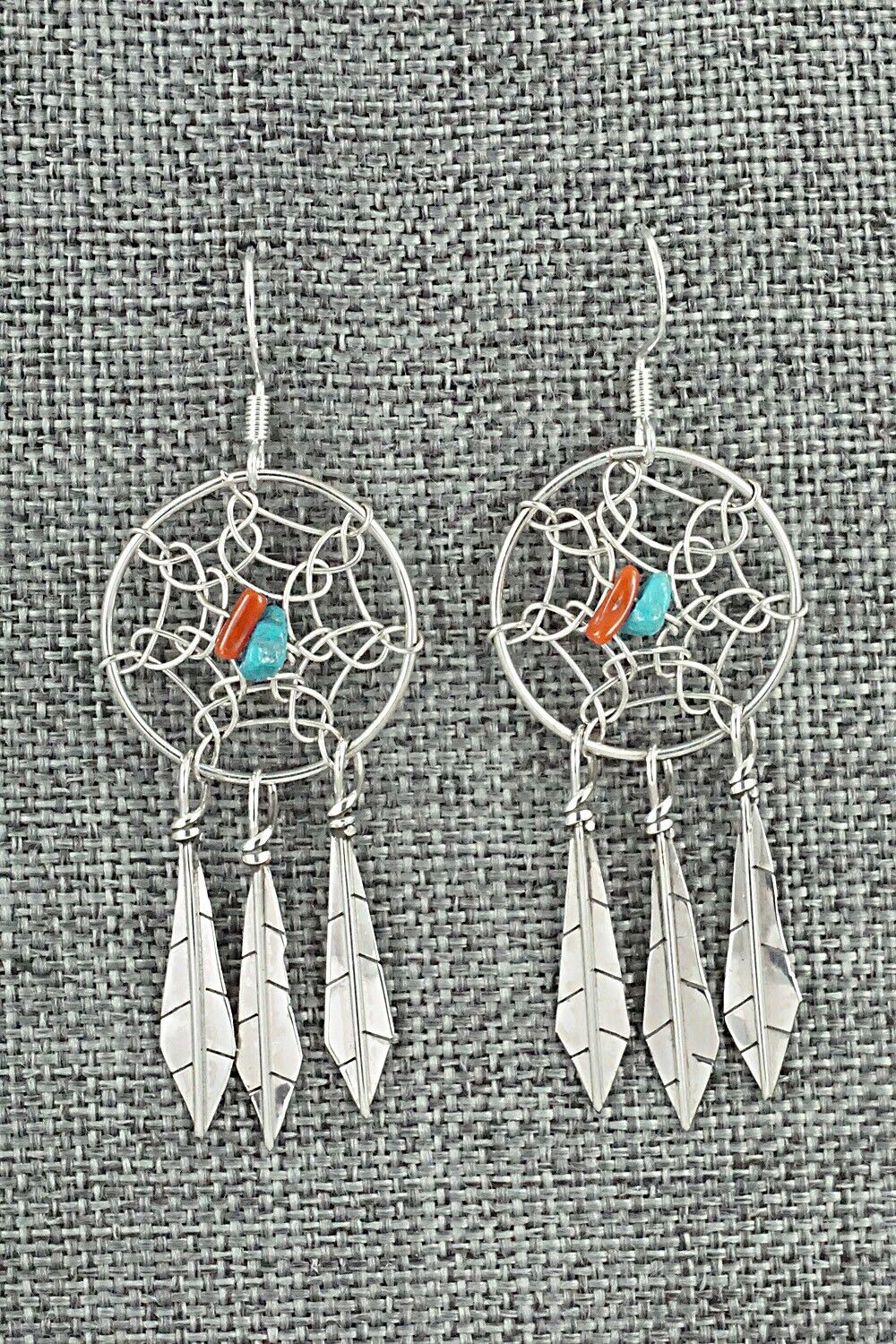 Turquoise, Coral & Sterling Silver Earrings - Lorenzo Arviso Jr.