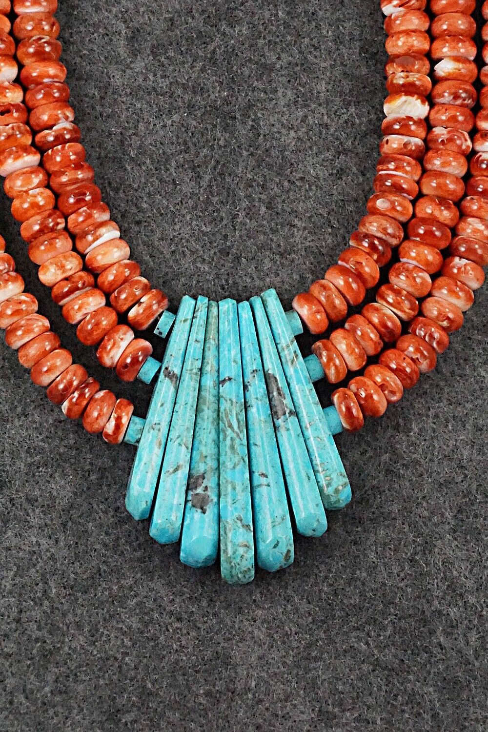 Turquoise, Spiny Oyster and Sterling Silver Necklace - Lupe Lovato