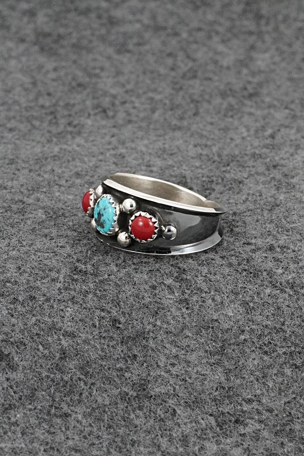 Turquoise, Coral & Sterling Silver Ring - Paul Largo - Size 11.5