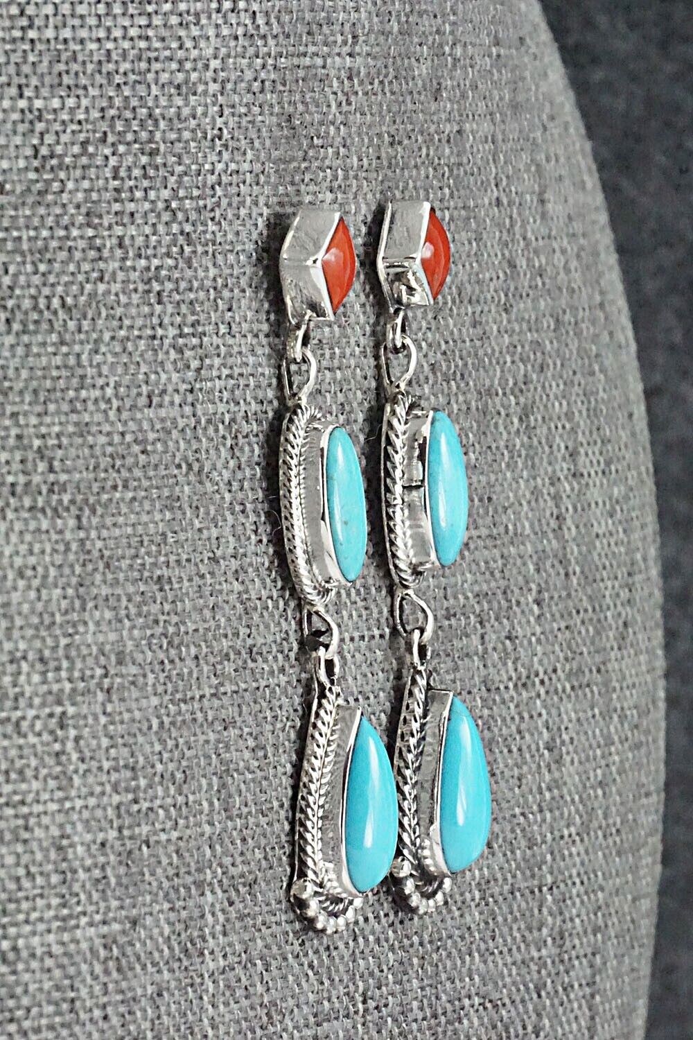 Turquoise, Coral & Sterling Silver Earrings - Verley Betone
