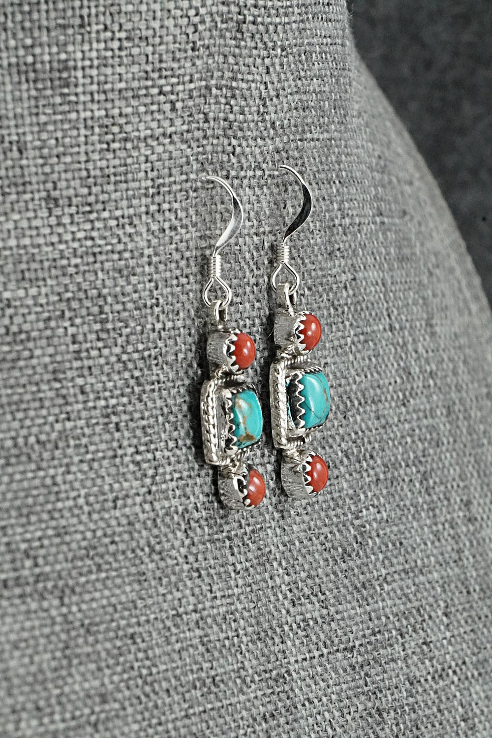 Turquoise, Coral & Sterling Silver Earrings - Gary Shorty