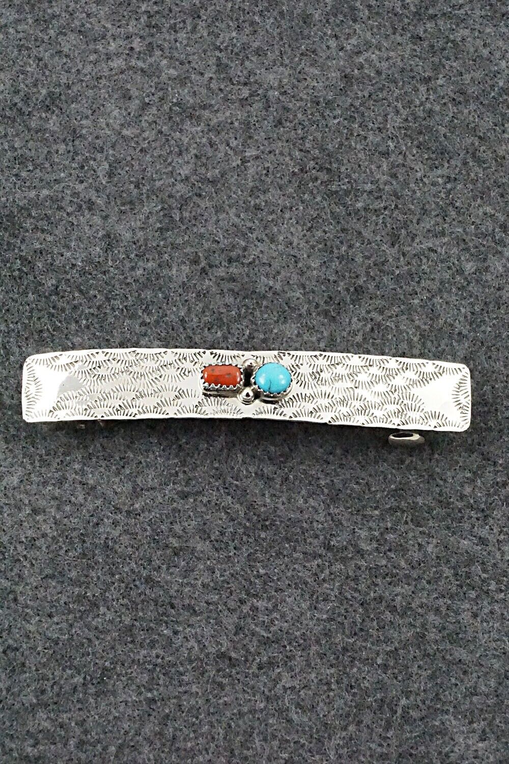 Turquoise, Coral & Sterling Silver Hair Barrette - Sally Arviso