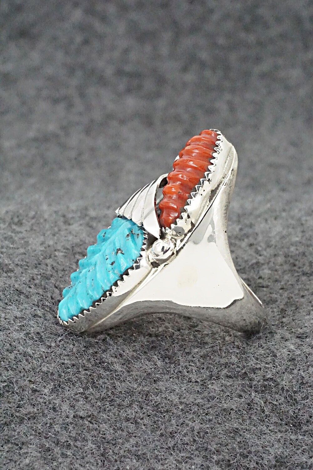 Turquoise, Coral & Sterling Silver Ring - Lyolita Tsattie - Size 10.5